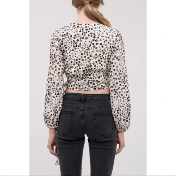 JOA Size S Ivory with Abstract Animal Pattern Cropped Wrap Blouse, Long Sleeve - Picture 2 of 15